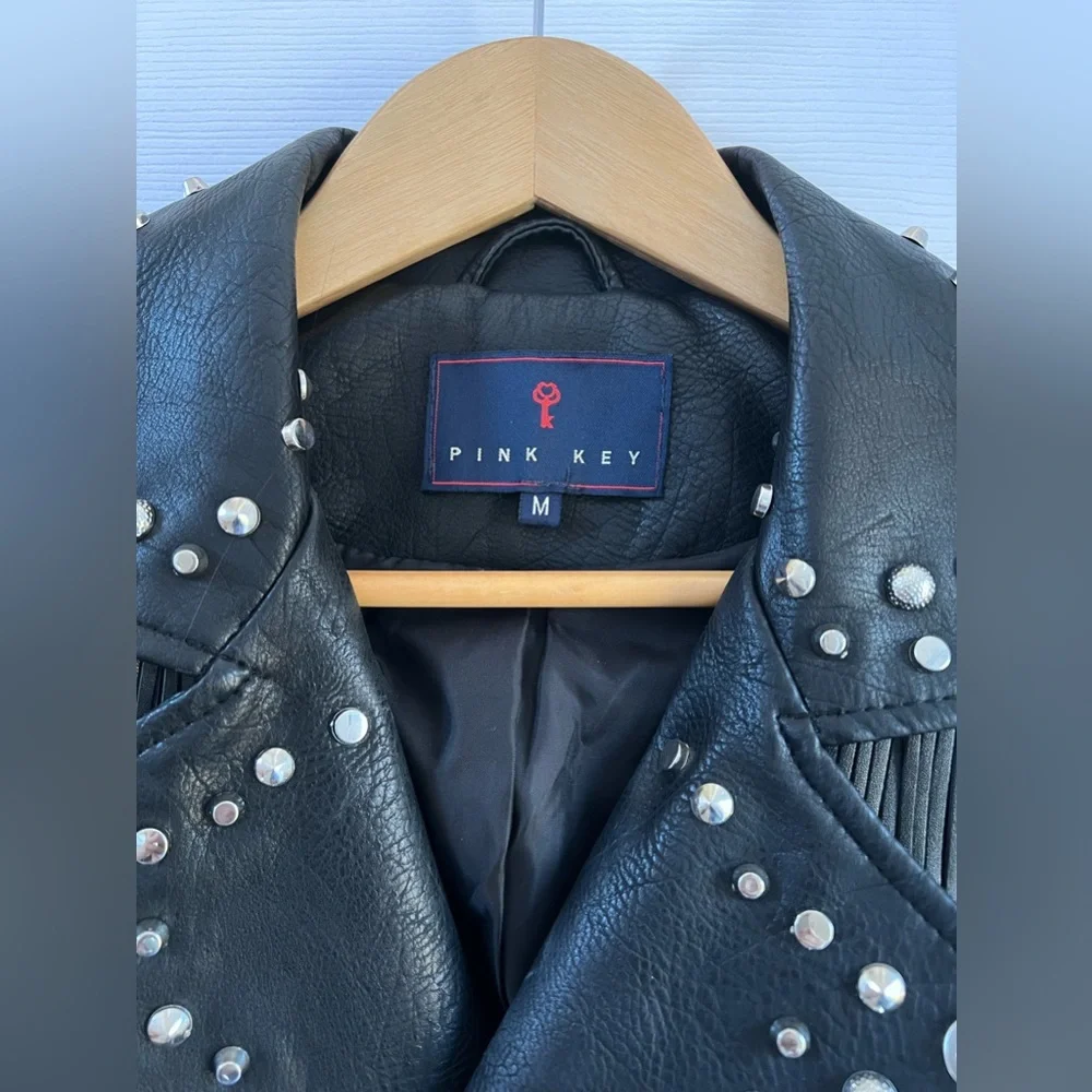 PINK ROSE Black Studded Fringe Leather Moto Jacket - Picture 6 of 10